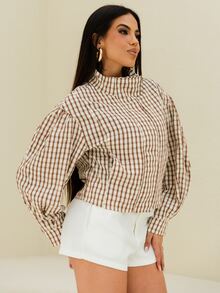 Maju Mazalli Brown Plaid Woven Women's Lantern Sleeve Loose Jacket - Multicolor - View 6