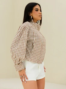 Maju Mazalli Brown Plaid Woven Women's Lantern Sleeve Loose Jacket - Multicolor - View 4