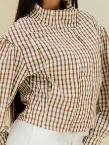 Maju Mazalli Brown Plaid Woven Women's Lantern Sleeve Loose Jacket - Multicolor - View 7
