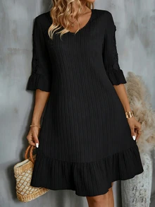 EMERY ROSE Women's Textured 3D Floral Ruffle Sleeve V-Neck Casual Elegant Dress - Black - View 6
