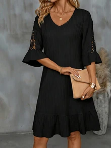 EMERY ROSE Women's Textured 3D Floral Ruffle Sleeve V-Neck Casual Elegant Dress - Black - View 7