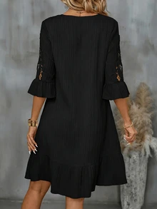 EMERY ROSE Women's Textured 3D Floral Ruffle Sleeve V-Neck Casual Elegant Dress - Black - View 2