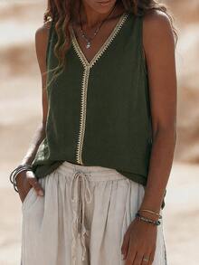 EMERY ROSE V-Neck Casual Comfortable Vacation Pastoral Relaxed Textured Women's Tank Top - Army Green - View 4