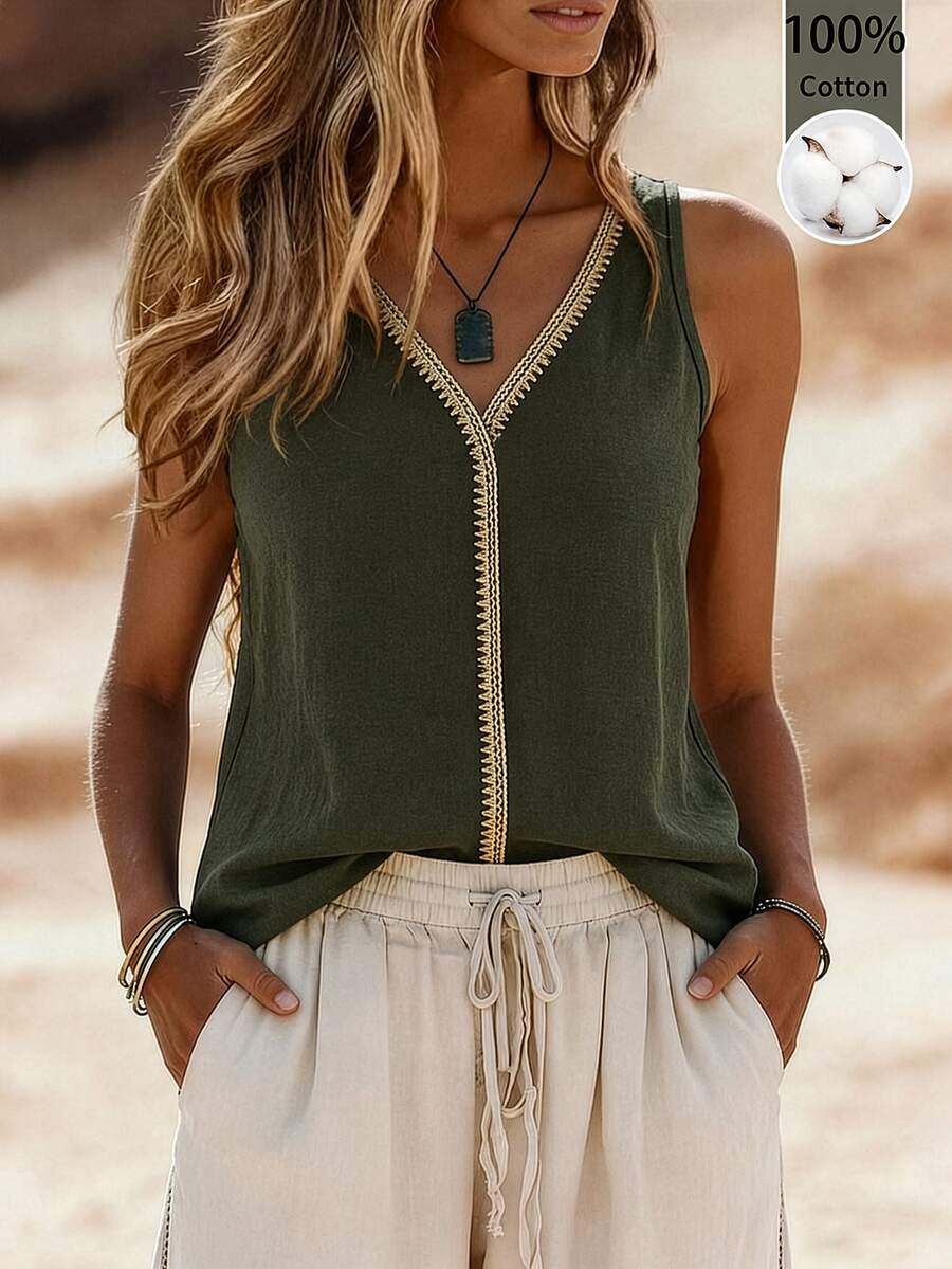 EMERY ROSE V-Neck Casual Comfortable Vacation Pastoral Relaxed Textured Women's Tank Top - Army Green - View 1