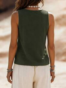 EMERY ROSE V-Neck Casual Comfortable Vacation Pastoral Relaxed Textured Women's Tank Top - Army Green - View 2