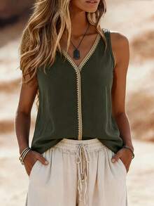 EMERY ROSE V-Neck Casual Comfortable Vacation Pastoral Relaxed Textured Women's Tank Top - Army Green - View 6