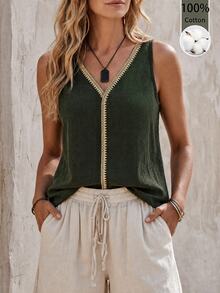 EMERY ROSE V-Neck Casual Comfortable Vacation Pastoral Relaxed Textured Women's Tank Top - Army Green - View 1