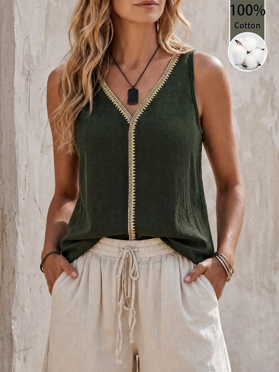 EMERY ROSE V-Neck Casual Comfortable Vacation Pastoral Relaxed Textured Women's Tank Top - Army Green - View 1