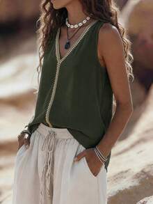 EMERY ROSE V-Neck Casual Comfortable Vacation Pastoral Relaxed Textured Women's Tank Top - Army Green - View 5
