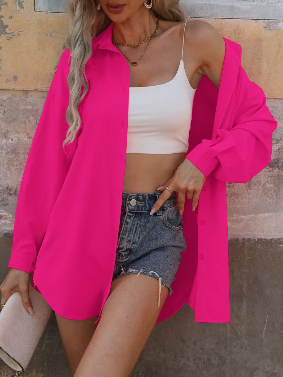 EMERY ROSE Women's Spring/Summer Solid Color Loose Drop Shoulder Long Sleeve Casual Shirt,Long Sleeve Tops Fall Cloth For Women - Hot Pink - View 1