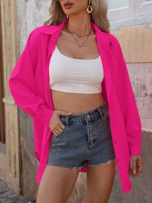 EMERY ROSE Women's Spring/Summer Solid Color Loose Drop Shoulder Long Sleeve Casual Shirt,Long Sleeve Tops Fall Cloth For Women - Hot Pink - View 4