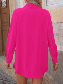 EMERY ROSE Women's Spring/Summer Solid Color Loose Drop Shoulder Long Sleeve Casual Shirt,Long Sleeve Tops Fall Cloth For Women - Hot Pink - View 2