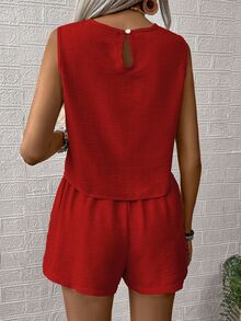 EMERY ROSE Women's Vacation Casual Soft Form Solid Color Tank Top And Shorts 2 Pieces Set Summer - Red - View 2