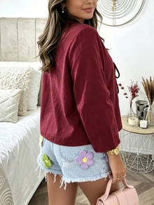 SHEIN PariChic 女款休閒波西米亞風純色綁帶襯衫 度假風 酒紅色 秋季 - 酒紅色 - 查看 3