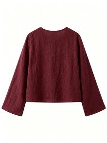 SHEIN PariChic 女款休閒波西米亞風純色綁帶襯衫 度假風 酒紅色 秋季 - 酒紅色 - 查看 8