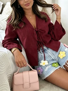 SHEIN PariChic 女款休閒波西米亞風純色綁帶襯衫 度假風 酒紅色 秋季 - 酒紅色 - 查看 6