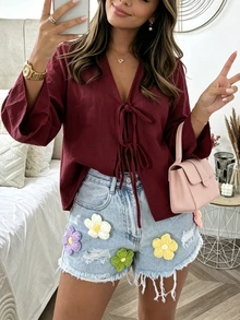 SHEIN PariChic 女款休閒波西米亞風純色綁帶襯衫 度假風 酒紅色 秋季 - 酒紅色 - 查看 5