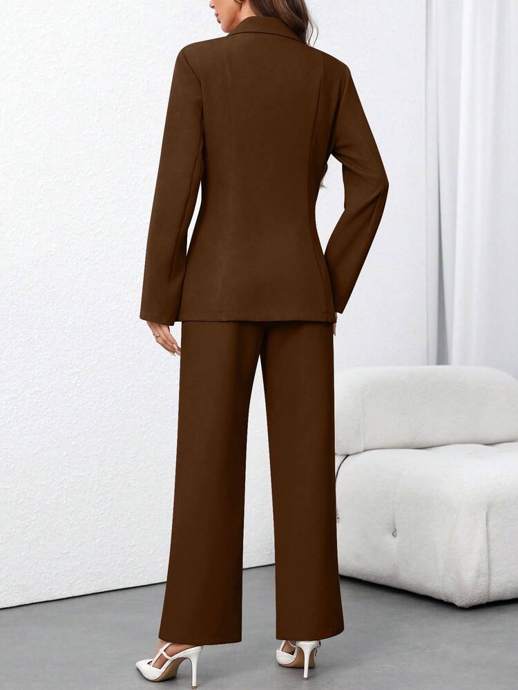 EMERY ROSE Traje de chaqueta y pantalón de unicolor minimalista de uso diario con manga larga para mujer - Marrón - Añade 2