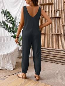 EMERY ROSE Women's Vacation Casual Solid Color Pocket Jumpsuit - Dark Grey - View 2