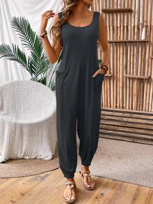 EMERY ROSE Women's Vacation Casual Solid Color Pocket Jumpsuit - Dark Grey - View 6