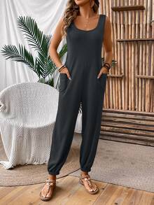 EMERY ROSE Women's Vacation Casual Solid Color Pocket Jumpsuit - Dark Grey - View 7