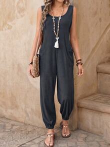 EMERY ROSE Women's Vacation Casual Solid Color Pocket Jumpsuit - Dark Grey - View 1