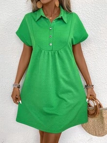 EMERY ROSE Women's Half-Buttoned V-Neck Batwing Sleeve Summer Dress - Green - View 6