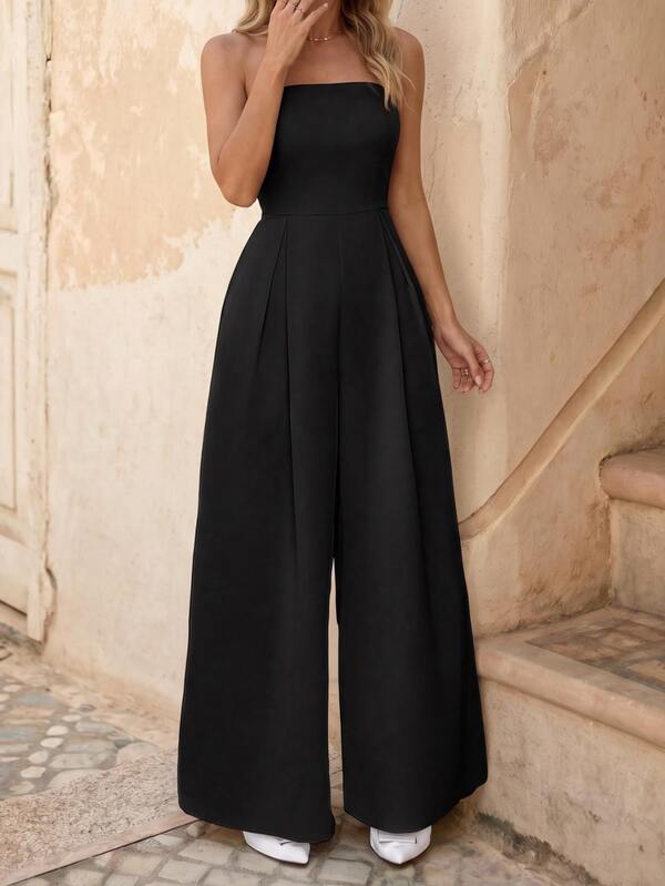EMERY ROSE Women's Summer Casual Everyday Commute Solid Color Fold Pleated Loose Wide Leg Jumpsuit