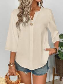 EMERY ROSE Women's Solid Color V-Neck Casual Versatile Daily Wear Shirt - Apricot - View 7