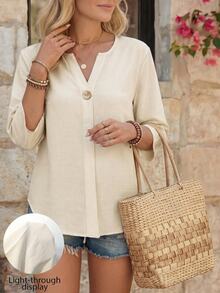 EMERY ROSE Women's Solid Color V-Neck Casual Versatile Daily Wear Shirt - Apricot - View 1