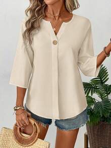 EMERY ROSE Women's Solid Color V-Neck Casual Versatile Daily Wear Shirt - Apricot - View 5