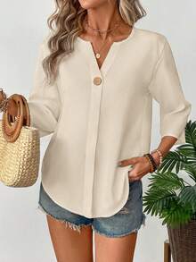 EMERY ROSE Women's Solid Color V-Neck Casual Versatile Daily Wear Shirt - Apricot - View 6