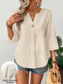 EMERY ROSE Women's Solid Color V-Neck Casual Versatile Daily Wear Shirt - Apricot - View 3