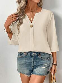 EMERY ROSE Women's Solid Color V-Neck Casual Versatile Daily Wear Shirt - Apricot - View 4