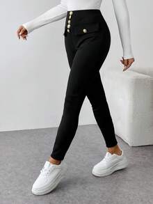 EMERY ROSE Women Casual Solid Color Slim Fit Pants, Autumn/Winter Fall Cloth For Women - Black - View 7