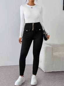 EMERY ROSE Women Casual Solid Color Slim Fit Pants, Autumn/Winter Fall Cloth For Women - Black - View 5