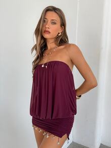 Aloruh Dark Purple Summer Boho Music Festival Strapless Knit Mini Dress,Women's Fringe Solid Color Mesh Short Dress, Concert Outfit,Elegant Party - Red Violet - View 5