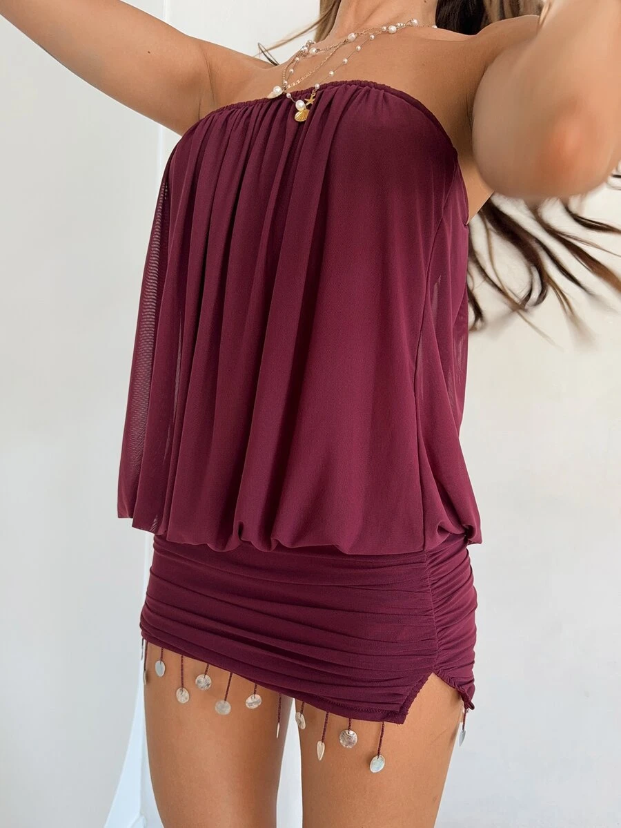 Aloruh Dark Purple Summer Boho Music Festival Strapless Knit Mini Dress,Women's Fringe Solid Color Mesh Short Dress, Concert Outfit,Elegant Party