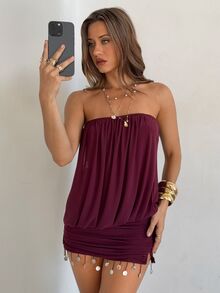 Aloruh Dark Purple Summer Boho Music Festival Strapless Knit Mini Dress,Women's Fringe Solid Color Mesh Short Dress, Concert Outfit,Elegant Party - Red Violet - View 7