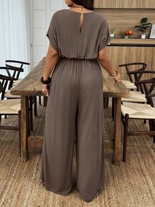 SHEIN Clasi Plus Size Vacation Casual Solid Color Batwing Jumpsuit - Brown - View 2