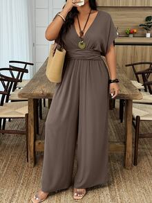 SHEIN Clasi Plus Size Vacation Casual Solid Color Batwing Jumpsuit - Brown - View 6