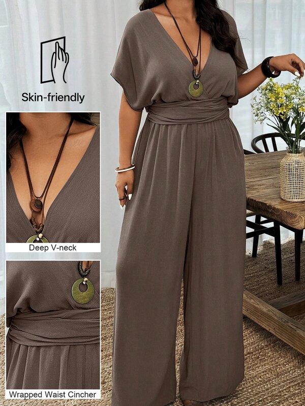 SHEIN Clasi Plus Size Vacation Casual Solid Color Batwing Jumpsuit