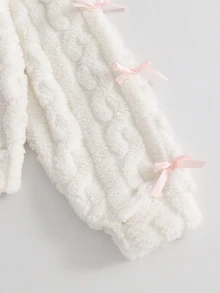 SHEIN Tween Girl Tween Girl' 女童長袖抓絨外套大衣，秋冬毛絨面料時尚蝴蝶結開襟夾克，袖口蝴蝶結裝飾 - 白色 - 查看 6