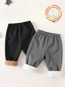 SHEIN 2件組嬰兒男童女童休閒可愛趣味運動街頭風紳士學院韓系百搭簡約舒適復古時尚加厚抓絨內裡梭織長褲，適合秋冬戶外穿著 - 彩色 - 查看 6