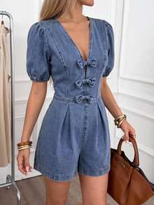 Easowa Women's Light Blue Denim Jumpsuit, Summer Cute Casual Elegant V-Neck Romper With Bow Detail, Puff Bubble Sleeve Soft Cotton Outfits Vacation - Black - View 3