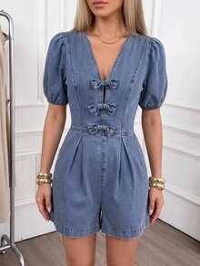 Easowa Women's Light Blue Denim Jumpsuit, Summer Cute Casual Elegant V-Neck Romper With Bow Detail, Puff Bubble Sleeve Soft Cotton Outfits Vacation - Black - View 9