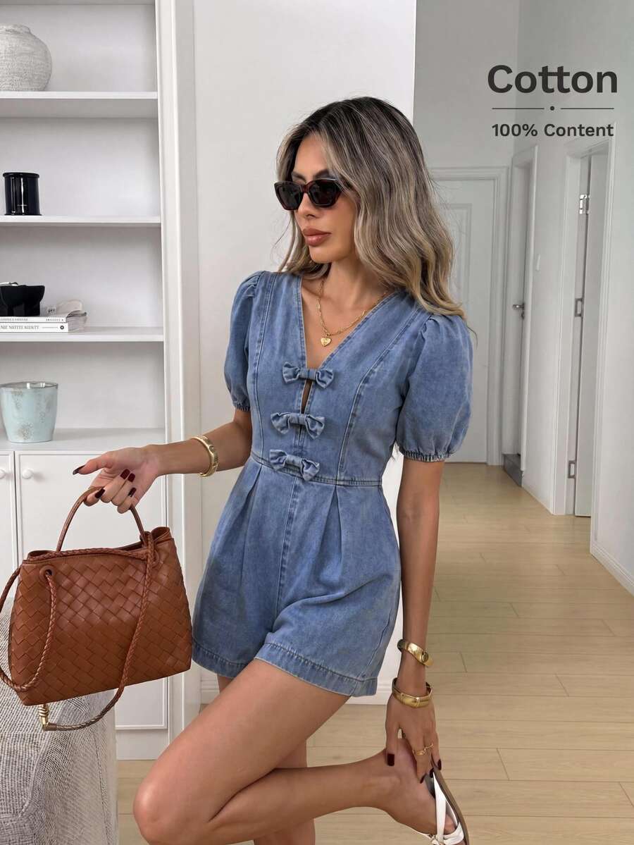 Easowa Women's Light Blue Denim Jumpsuit, Summer Cute Casual Elegant V-Neck Romper With Bow Detail, Puff Bubble Sleeve Soft Cotton Outfits Vacation - Black - View 1
