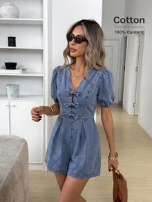 Easowa Women's Light Blue Denim Jumpsuit, Summer Cute Casual Elegant V-Neck Romper With Bow Detail, Puff Bubble Sleeve Soft Cotton Outfits Vacation - Black - View 11