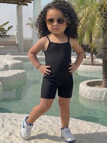 SHEIN Baby Girl Solid Color Casual Modest Camisole Romper, Baby Girl City Break Evening Black Summer - Multicolor - View 1