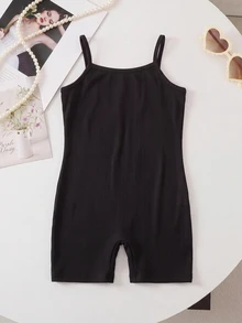 SHEIN Baby Girl Solid Color Casual Modest Camisole Romper, Baby Girl City Break Evening Black Summer - Multicolor - View 2